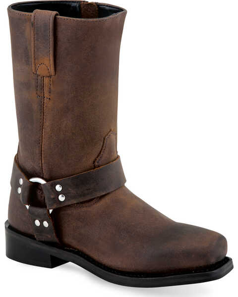 Old West Boys' Harness Leather Boots - Square Toe , Brown, hi-res