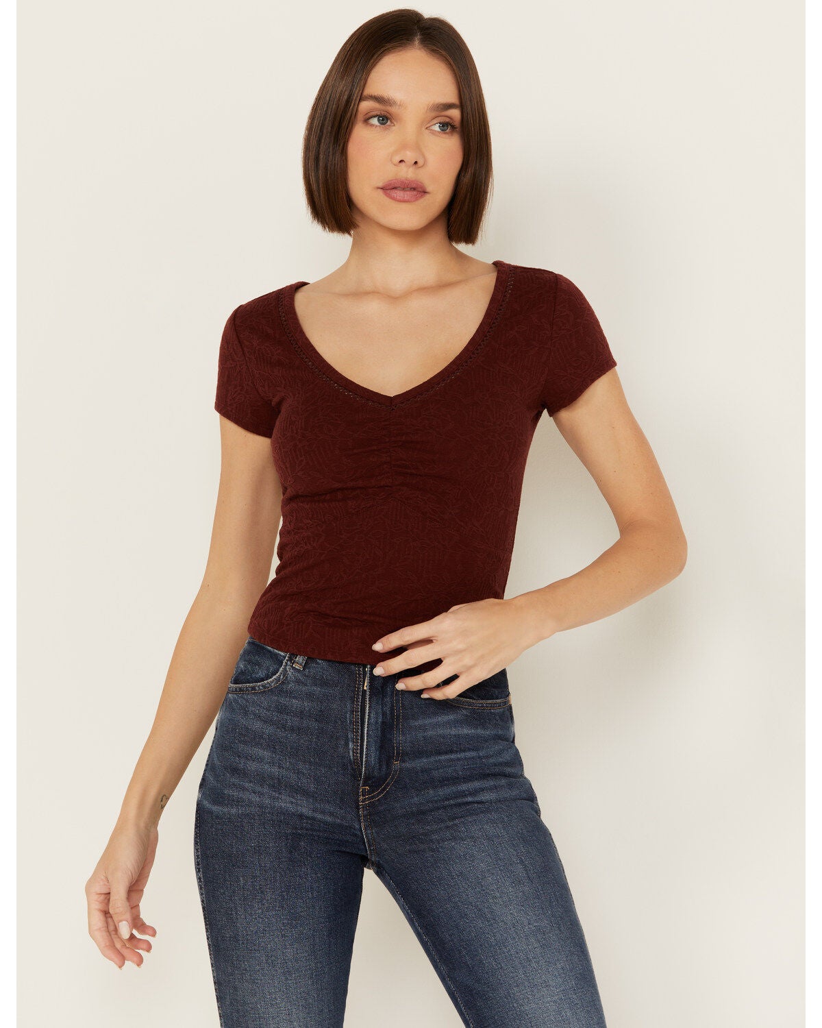 Shyanne Women's V Neck Short Sleeve Stretch Knit Top, Brown, hi-res