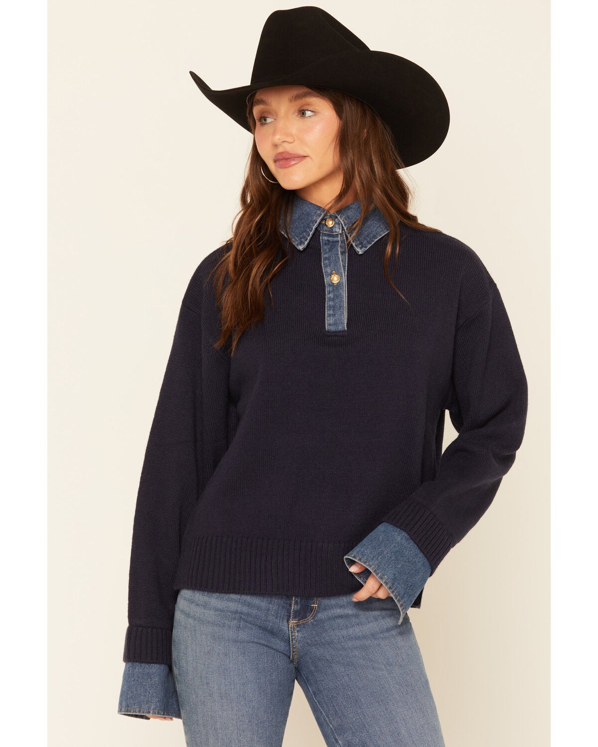 Revel Women's Denim Collar Sweater, Navy, hi-res