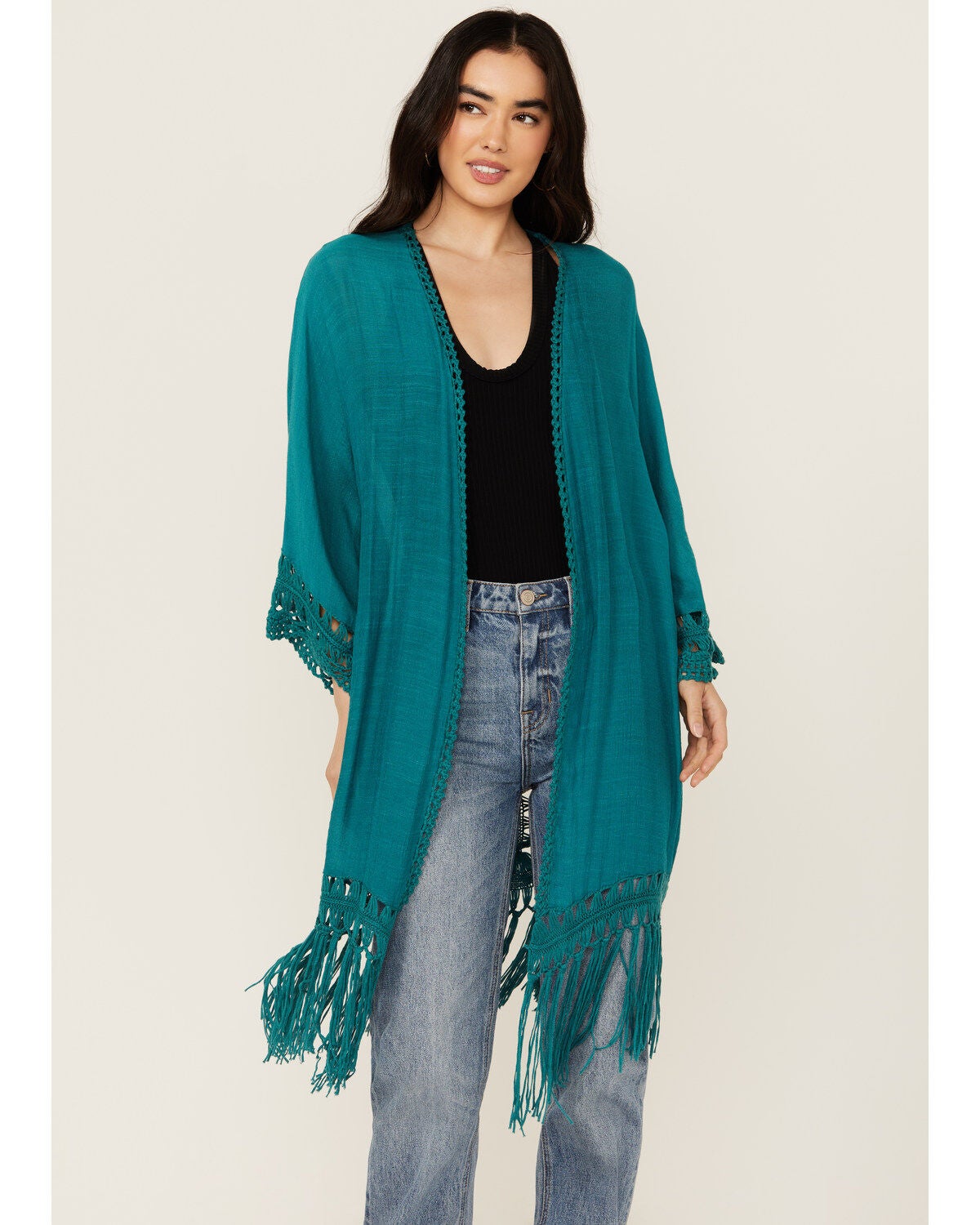 Shyanne Women's Crochet Fringe Kimono, Medium Blue, hi-res