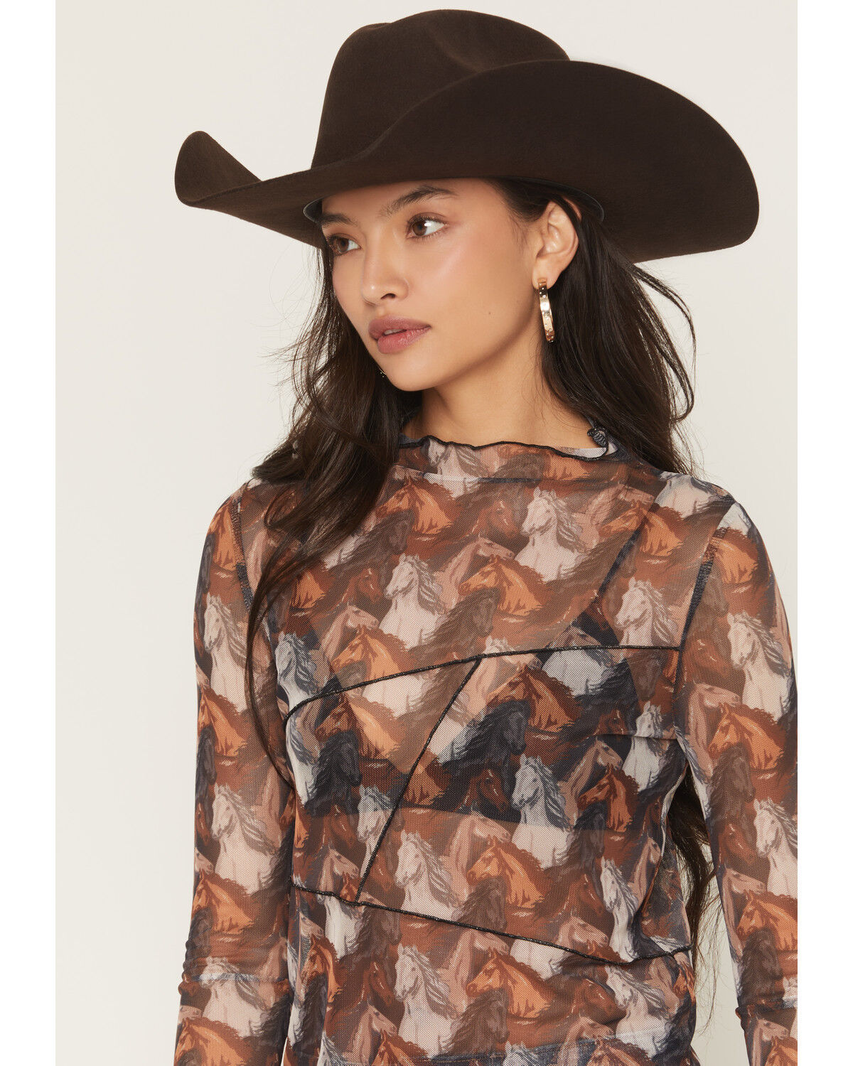 Image #2 - Rock & Roll Denim Women's Horse Print Long Sleeve Mesh Top, Brown, hi-res
