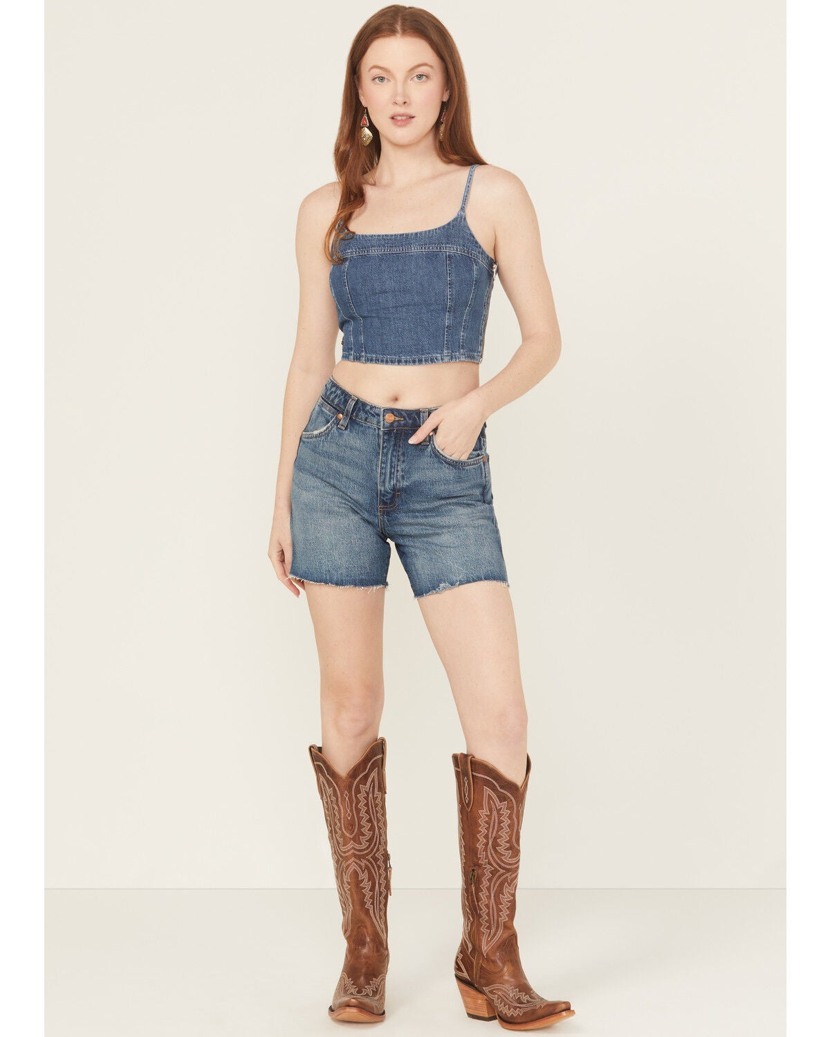 Wrangler Women's Medium Wash High Rise Mid-Length Stretch Denim Cowboy Shorts, Medium Wash, hi-res