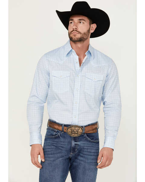 Wrangler 20X Men's Geo Print Long Sleeve Pearl Snap Stretch Western Shirt , Blue, hi-res
