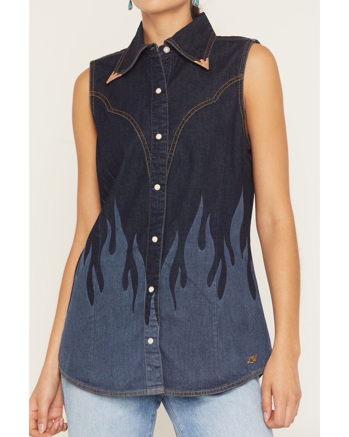 Image #3 - Wrangler X Lainey Wilson Women's Dark Wash Flame Denim Sleeveless Snap Western Shirt, Dark Wash, hi-res