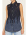 Image #3 - Wrangler X Lainey Wilson Women's Dark Wash Flame Denim Sleeveless Snap Western Shirt, Dark Wash, hi-res
