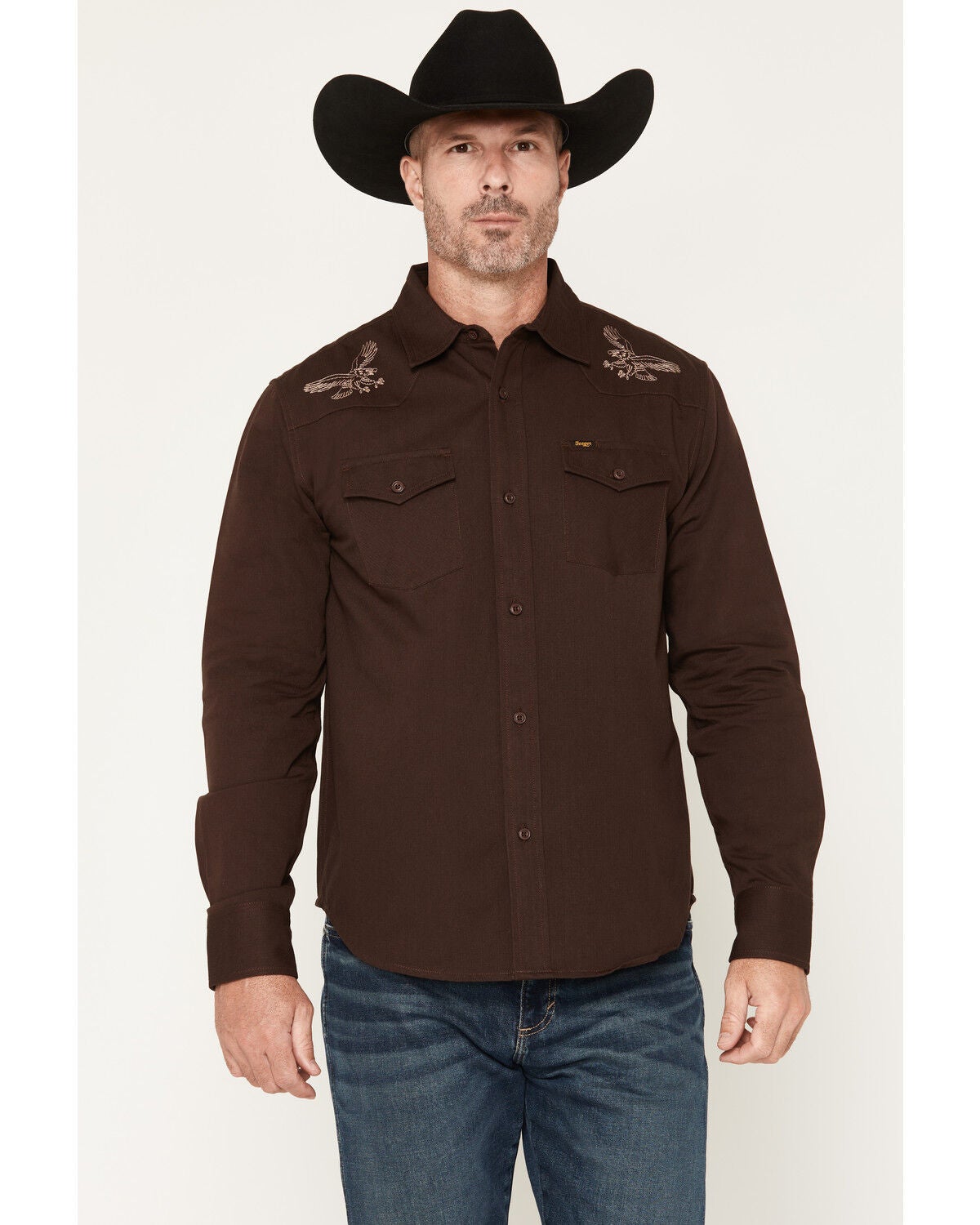 Image #1 - Seager Men's Ortega Eagle Embroidered Solid Long Sleeve Button-Down Western Shirt, Brown, hi-res