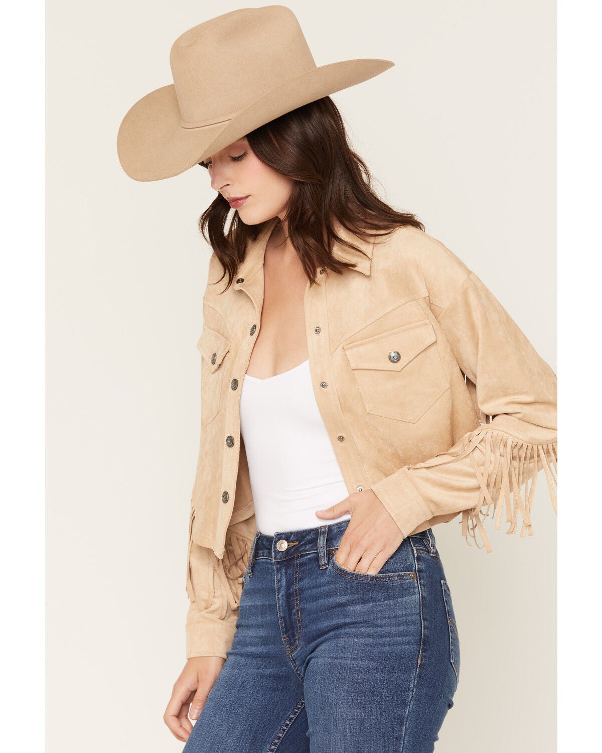 Image #2 - Shyanne Women's Sierra Faux Suede Trucker Jacket, Khaki, hi-res