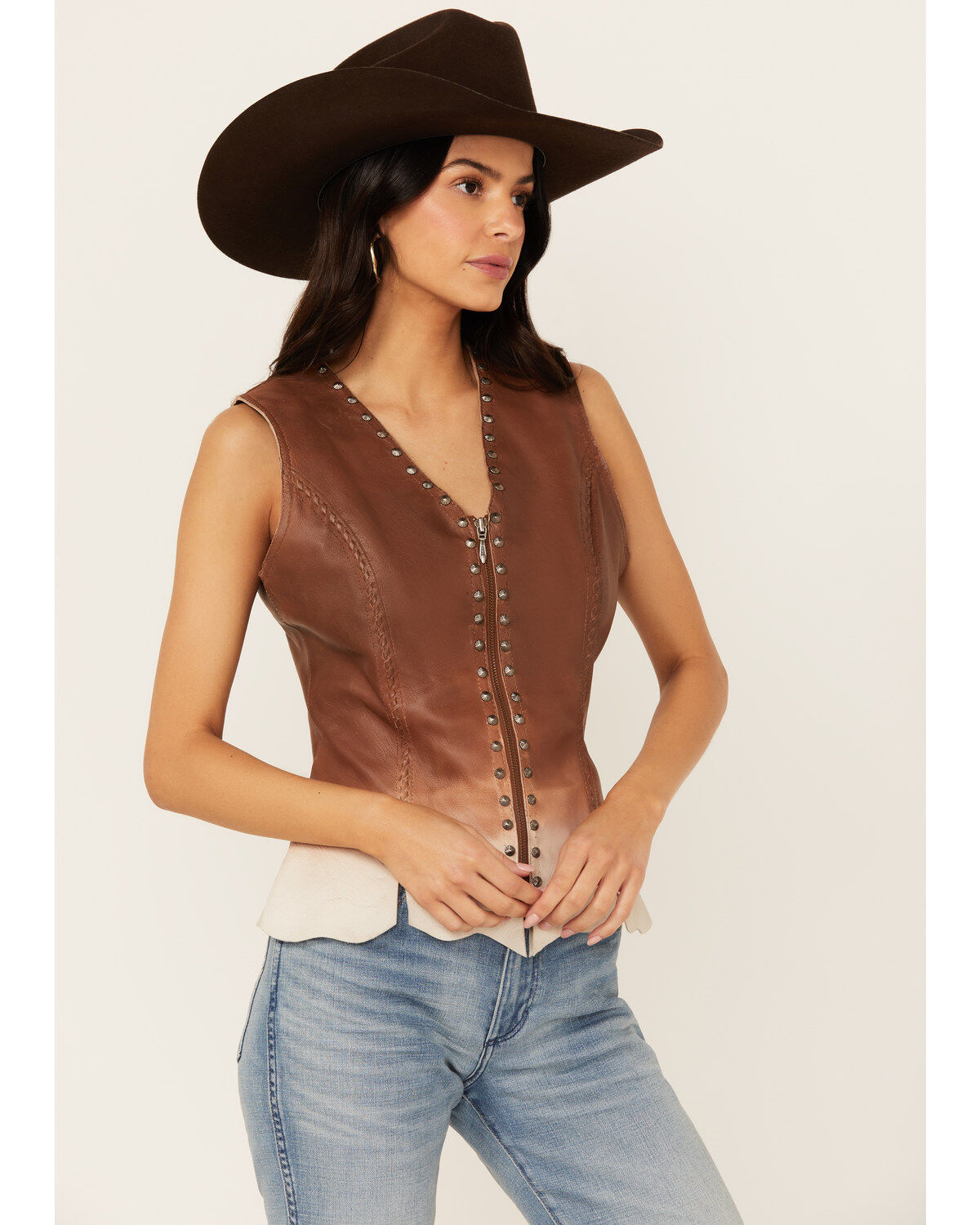 Image #2 - Cripple Creek Women's Ombre Zip Front Studded Leather Vest, Brown, hi-res