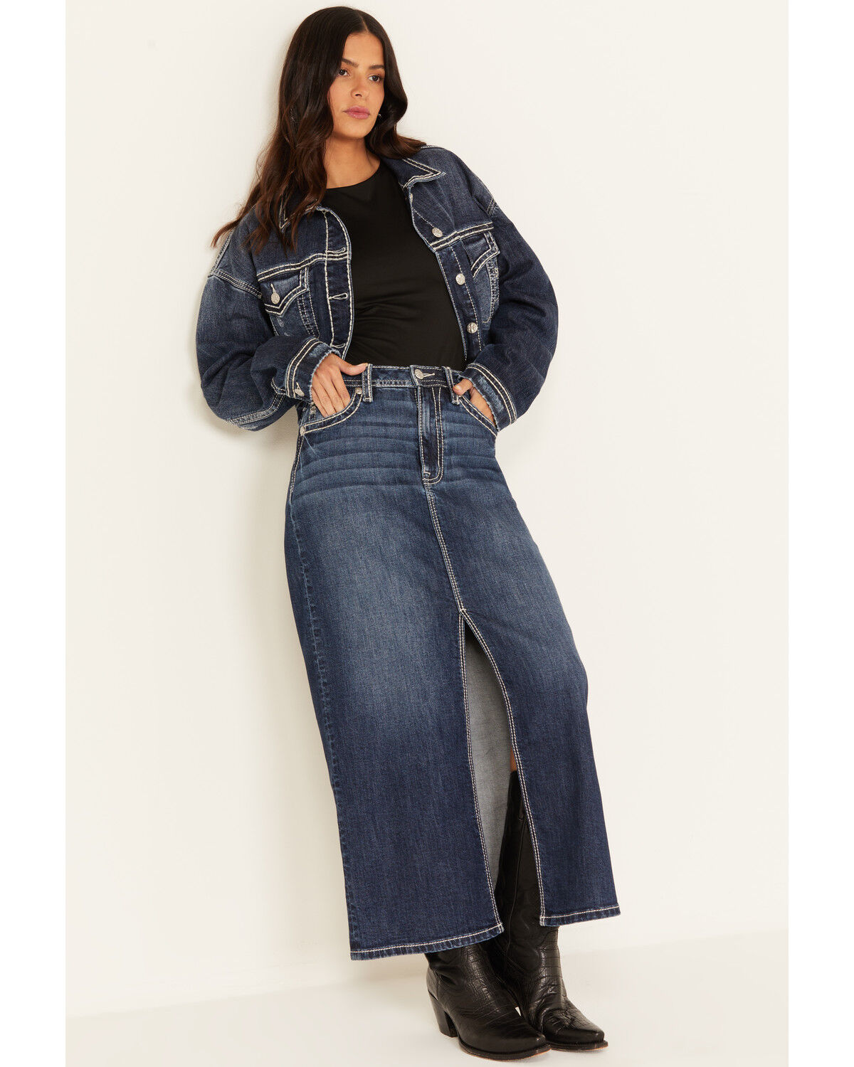 Miss Me Women's Dark Wash Cropped Denim Jacket, Dark Wash, hi-res