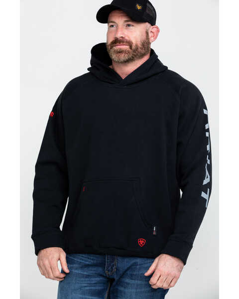Ariat Men's FR Primo Fleece Logo Work Hooded Sweatshirt - Tall , Black, hi-res