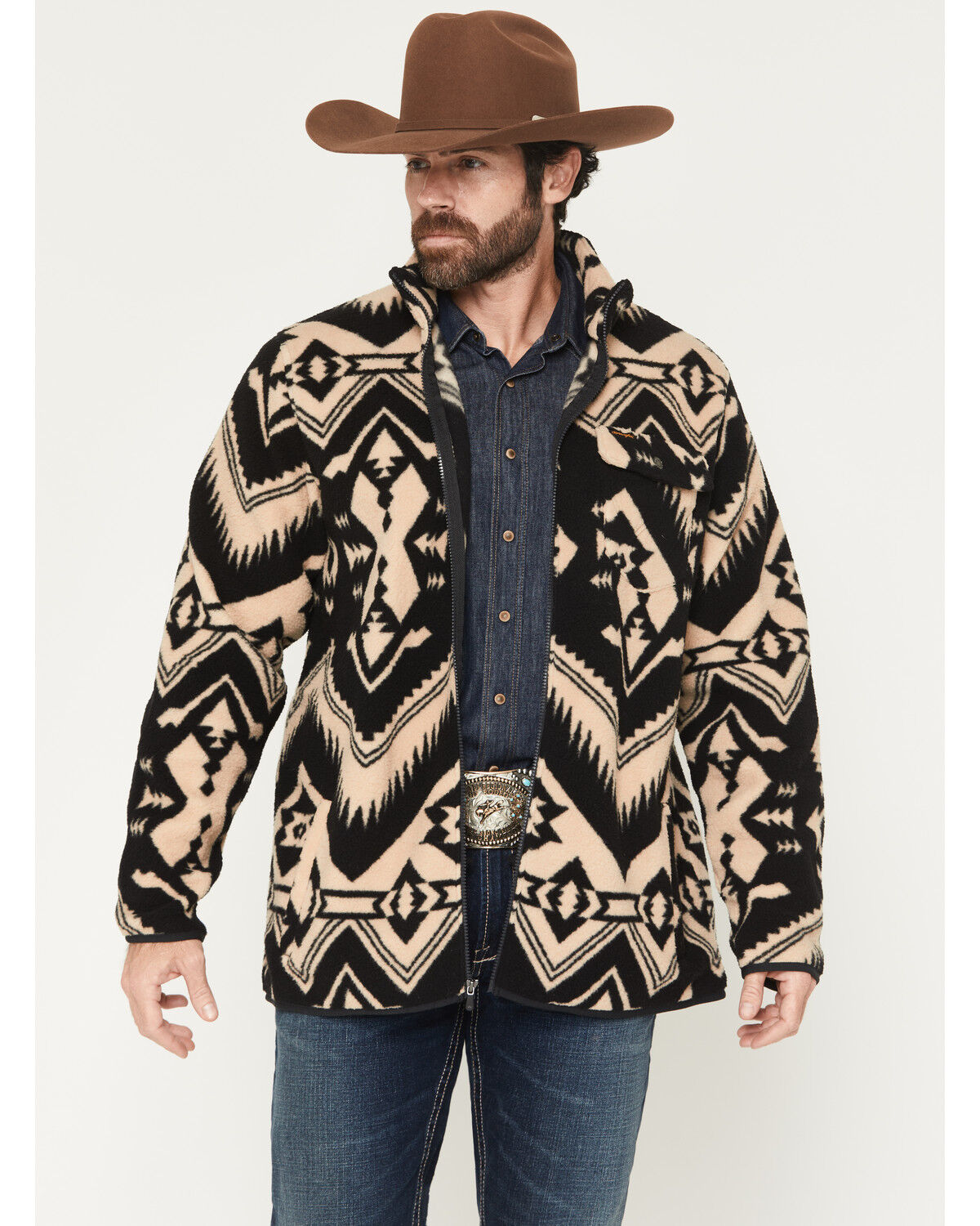 Image #1 - Wrangler Men's Lightweight Full Zip Southwestern Print Sherpa Jacket, Black, hi-res