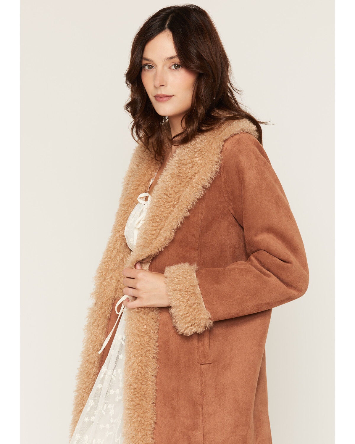 Image #2 - Shyanne Women's Carly Faux Suede Fur Trench Coat, Bark, hi-res