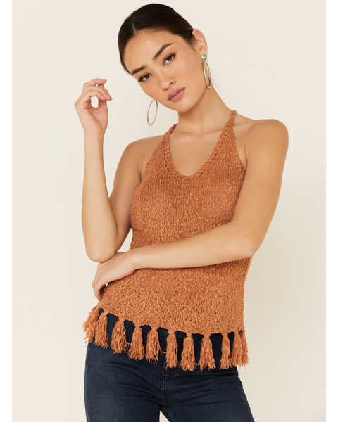 Shyanne Women's Pecan Sweater Knit Fringe Tank Top, Pecan, hi-res