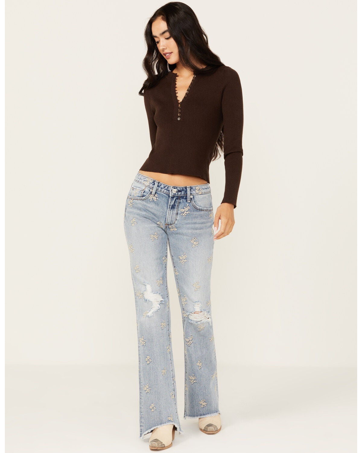 Driftwood Women's Eva Light Wash Low Rise Floral Flare Jeans, Light Wash, hi-res