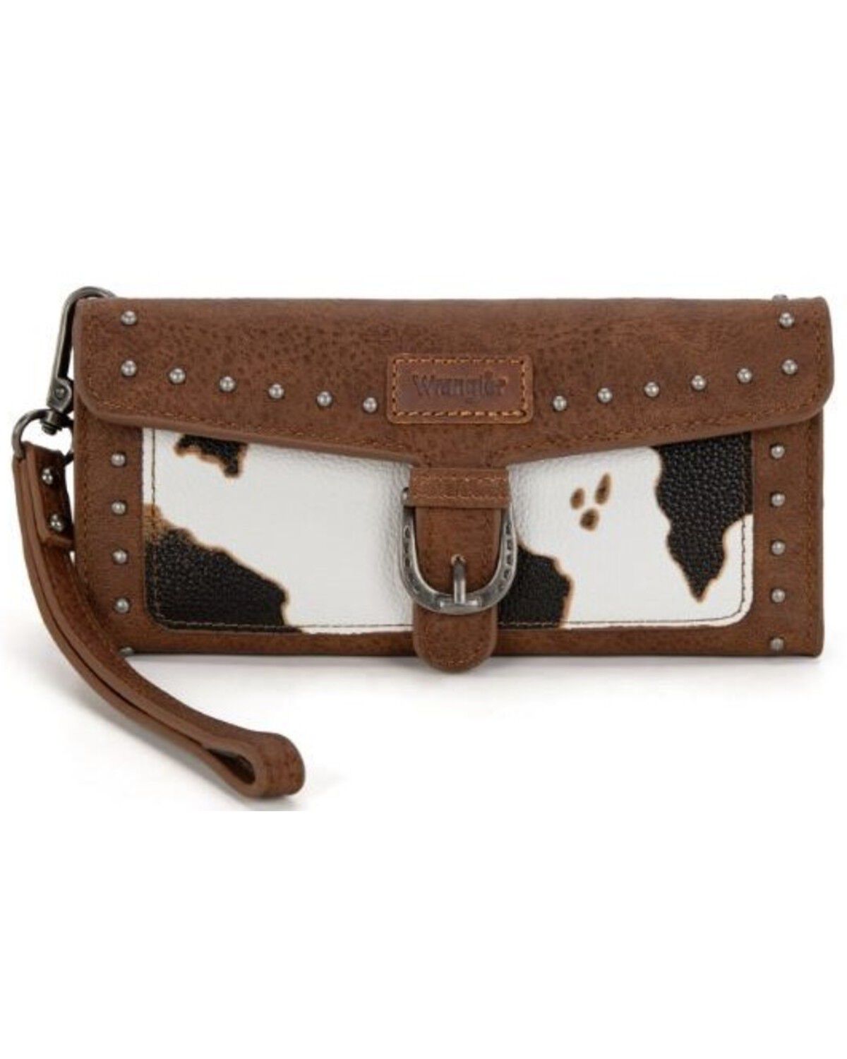 Image #1 - Wrangler Women's Cow Print Trifold RFID Wallet Wristlet with Detachable Credit Card Holder, Brown, hi-res