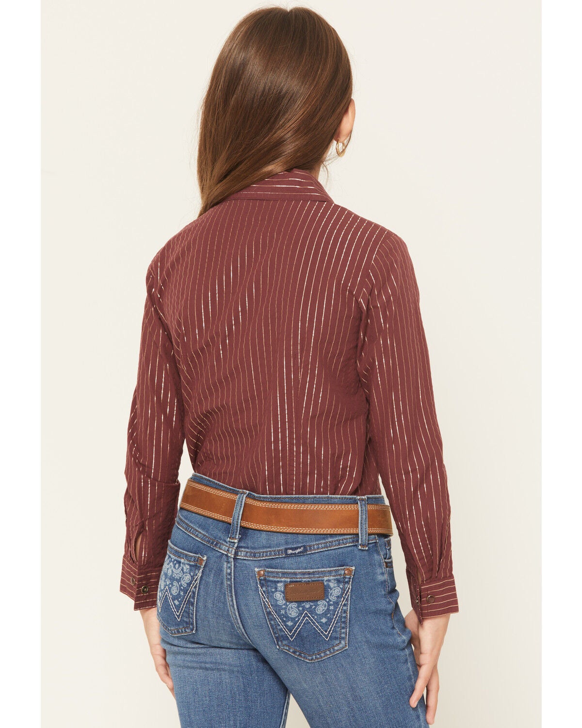 Image #4 - Cruel Girl Girls' Striped Long Sleeve Snap Western Shirt, Burgundy, hi-res