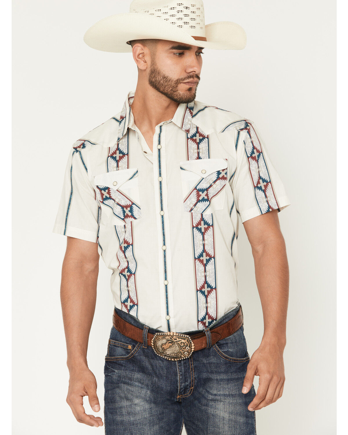Image #1 - Panhandle Men's Southwestern Stripe Print Short Sleeve Snap Western Shirt, Cream, hi-res