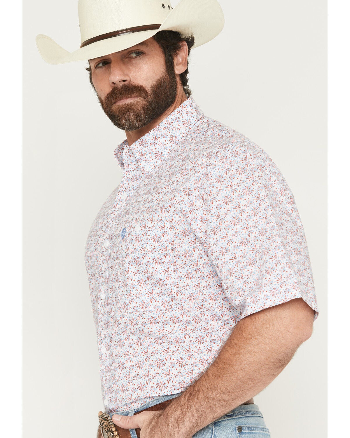 Image #2 - George Strait by Wrangler Men's Firework Print Short Sleeve Button-Down Stretch Western Shirt, Blue, hi-res