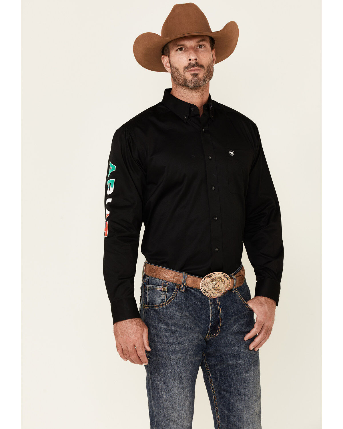 Image #2 - Ariat Men's Solid Team Mexico Logo Long Sleeve Button-Down Western Shirt, Black, hi-res