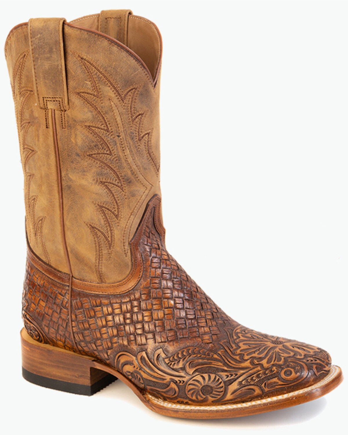 Stetson Men's Saddle Tooled Western Boots - Broad Square Toe, Brown, hi-res