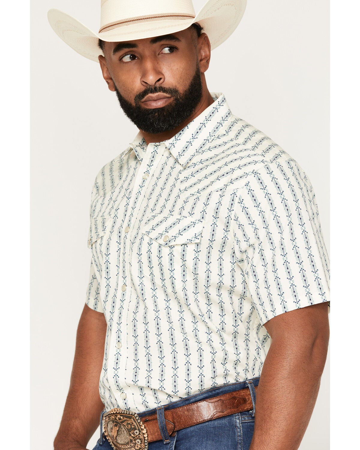 Image #2 - Gibson Trading Co Men's Always Late Medallion Print Short Sleeve Snap Western Shirt, Cream, hi-res