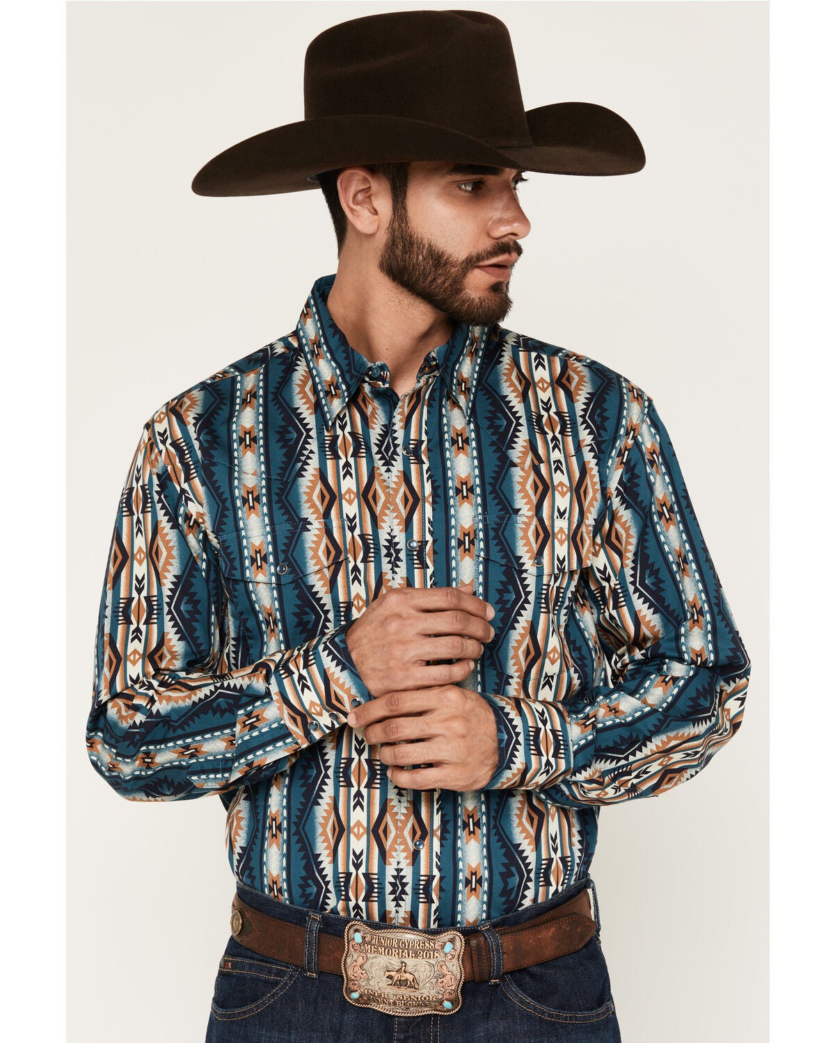 Wrangler Men's Checotah Southwestern Striped Long Sleeve Pearl Snap Western Shirt - Tall, Teal, hi-res
