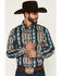 Image #1 - Wrangler Men's Checotah Southwestern Striped Long Sleeve Pearl Snap Western Shirt - Tall, Teal, hi-res