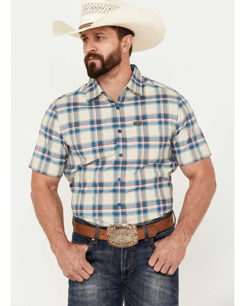 Kimes Ranch Men's Four Stroke Plaid Print Short Sleeve Button Down Shirt, Blue, hi-res