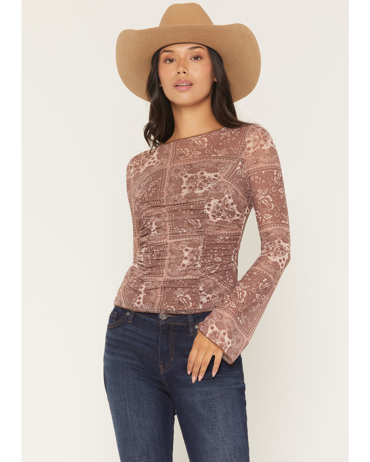 Image #1 - Ash & Violet Women's Floral Print Long Sleeve Mesh Shirt, Rust Copper, hi-res