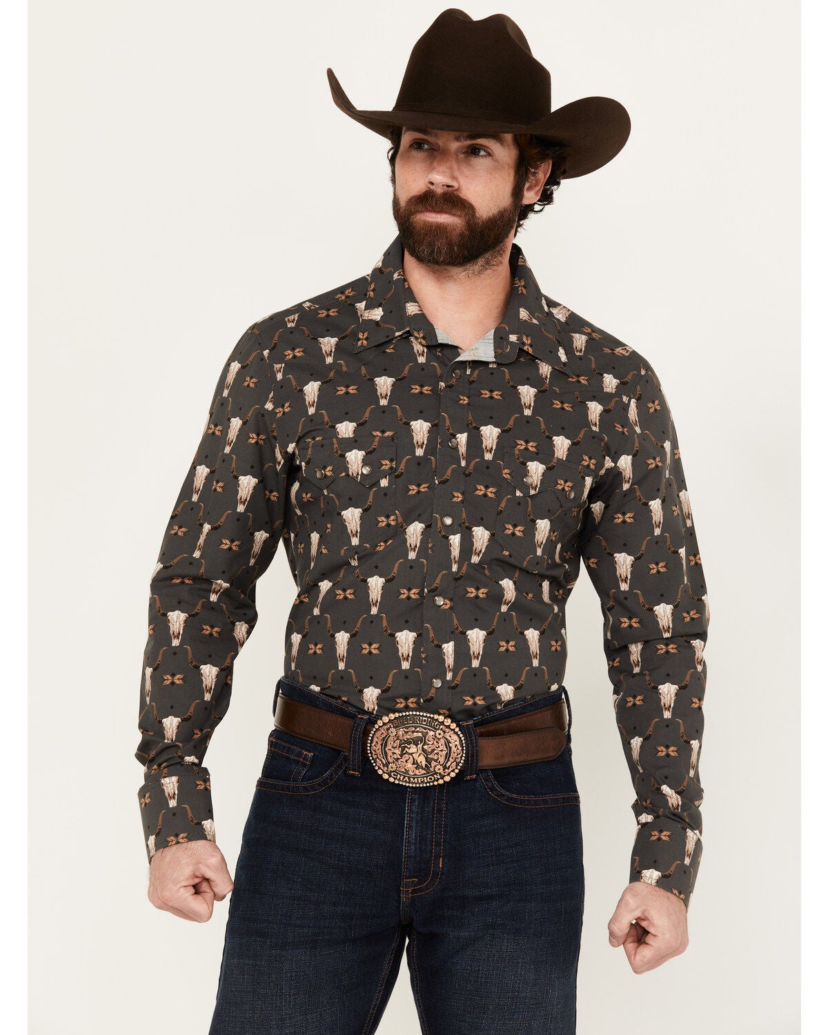 Rock & Roll Denim Men's Vintage '46 Steer Head Print Long Sleeve Pearl Snap Western Shirt, Black, hi-res