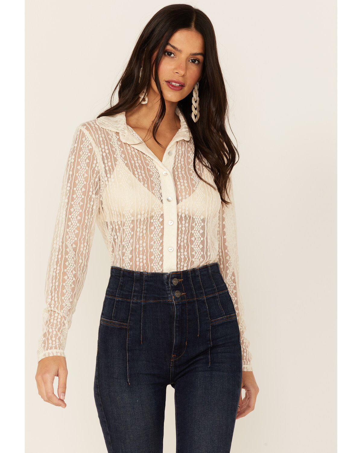 Image #1 - Wild Moss Women's Lace Button Front Sheer Long Sleeve Shirt, Ivory, hi-res