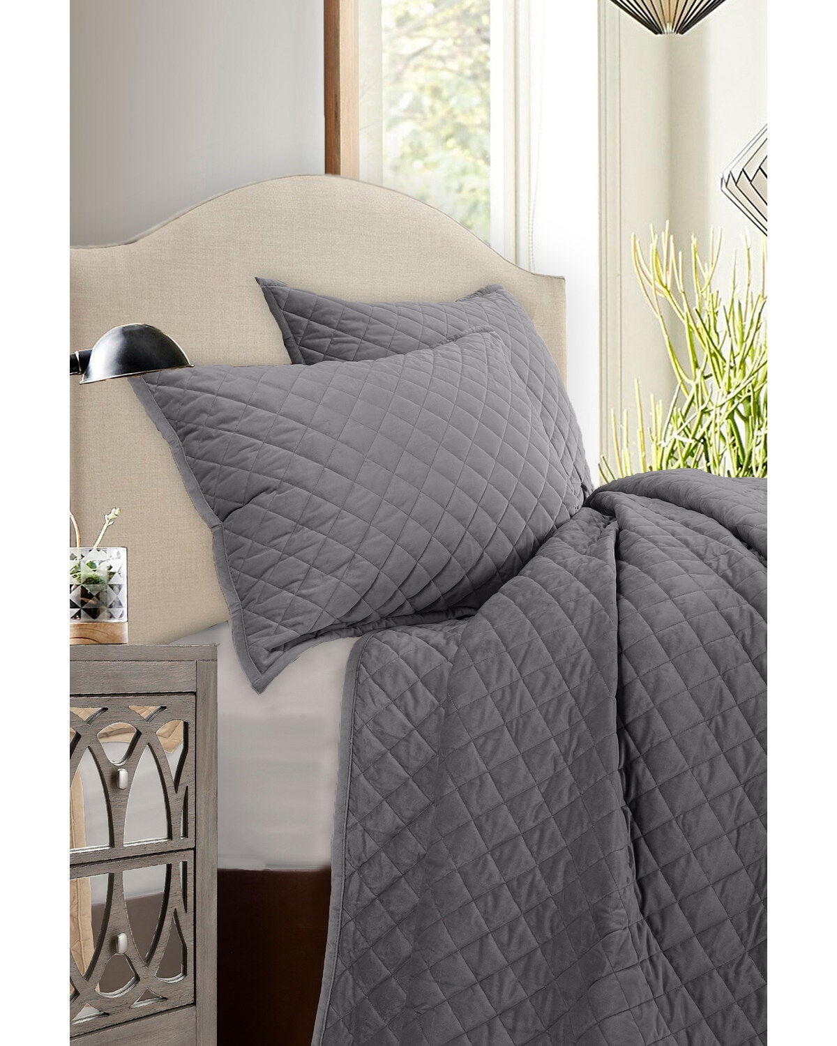 HiEnd Accents Velvet Queen Quilt Set - 3 Piece, Grey, hi-res