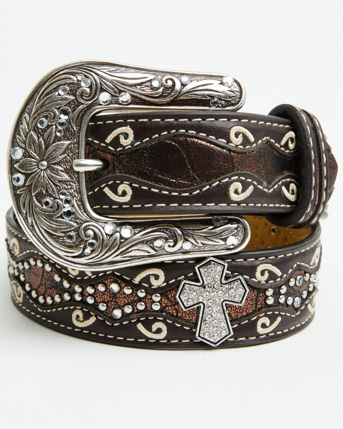 Ariat Girls Studded Cross Inlay Belt, Brown, hi-res
