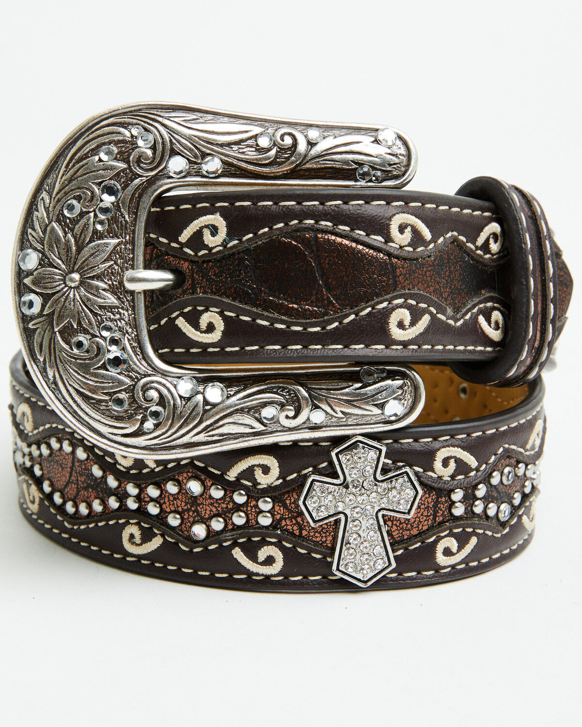 Image #1 - Ariat Girls Studded Cross Inlay Belt, Brown, hi-res