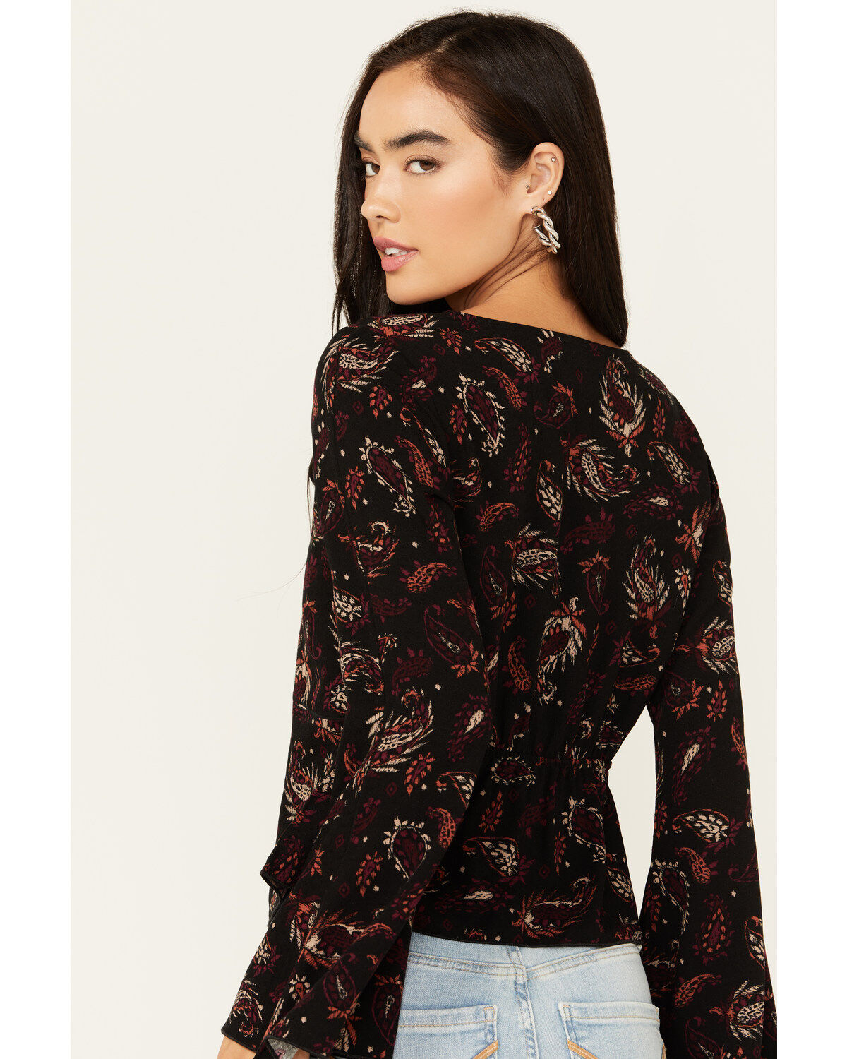 Image #4 - Idyllwind Women's Tara Tie Front Bell Sleeve Blouse, Black, hi-res