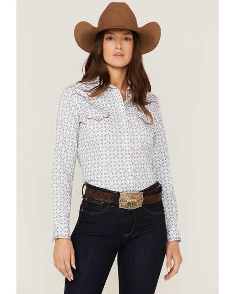 Panhandle Women's Mini Southwestern Geo Whipstitch Long Sleeve Pearl Snap Western Shirt, Blue, hi-res