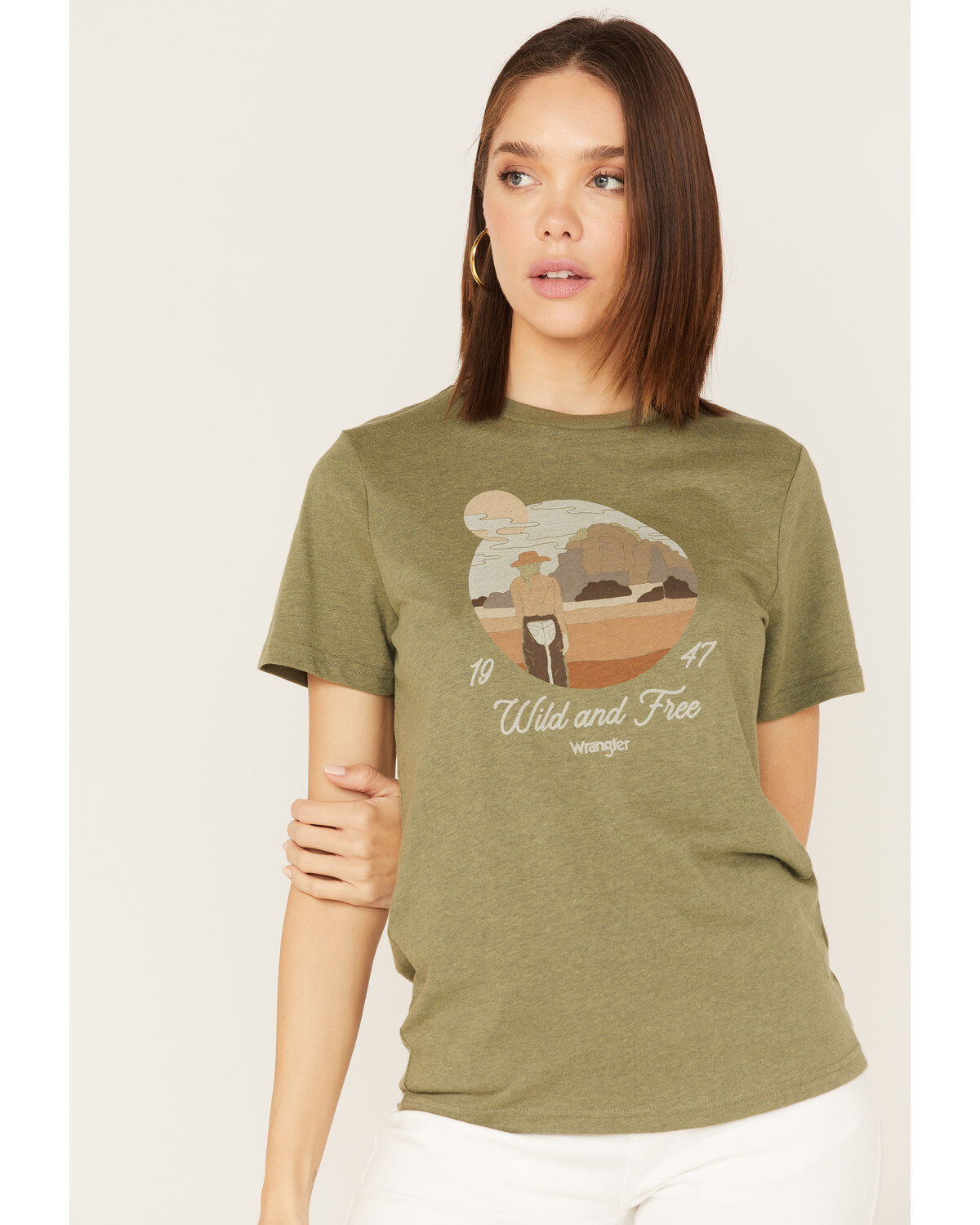 Image #1 - Wrangler Women's Boot Barn Exclusive Wild & Free Desert Scene Logo Short Sleeve Graphic Tee, Green, hi-res