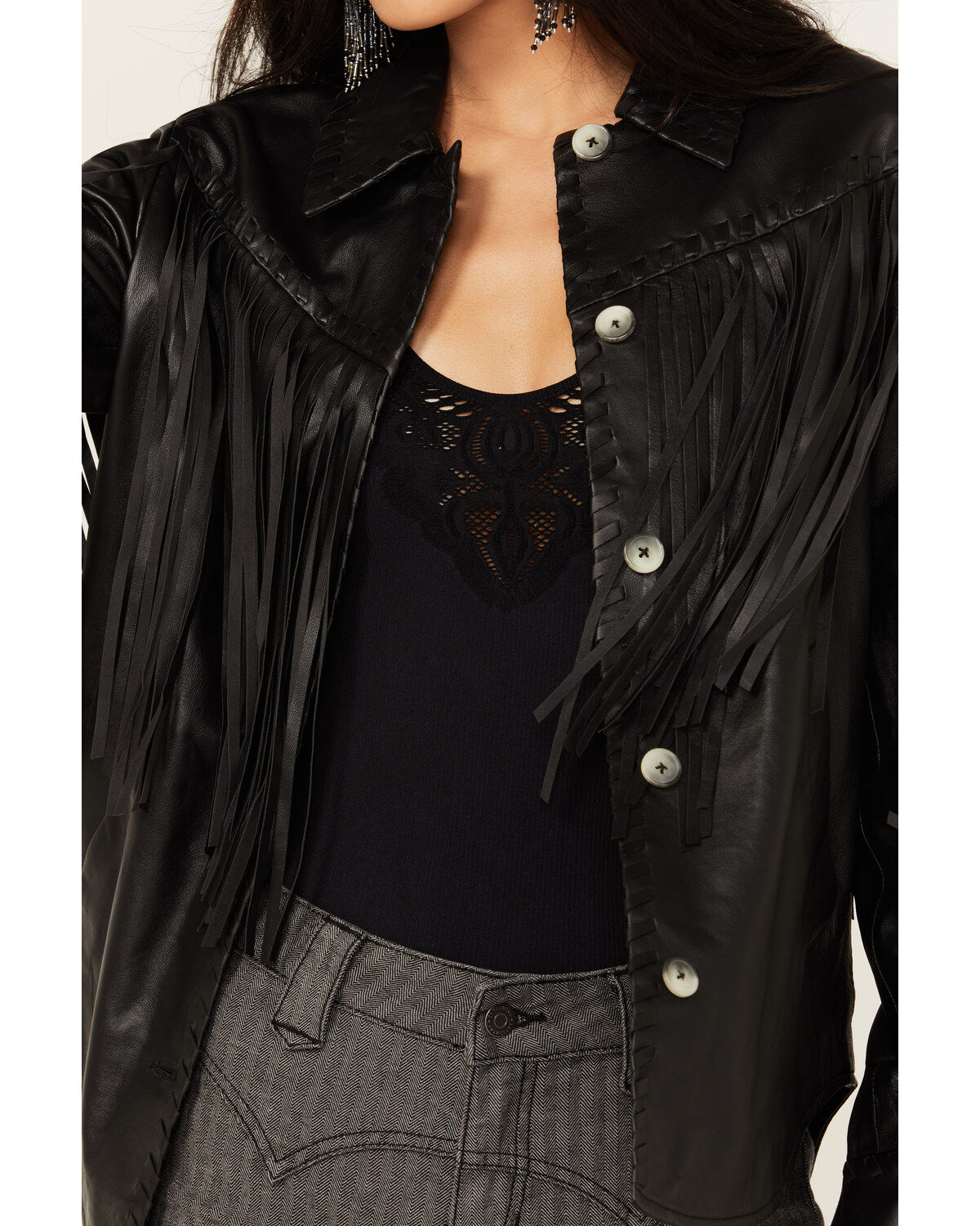 Image #3 - Idyllwind Women's Amburn Leather Fringe Shacket, Black, hi-res