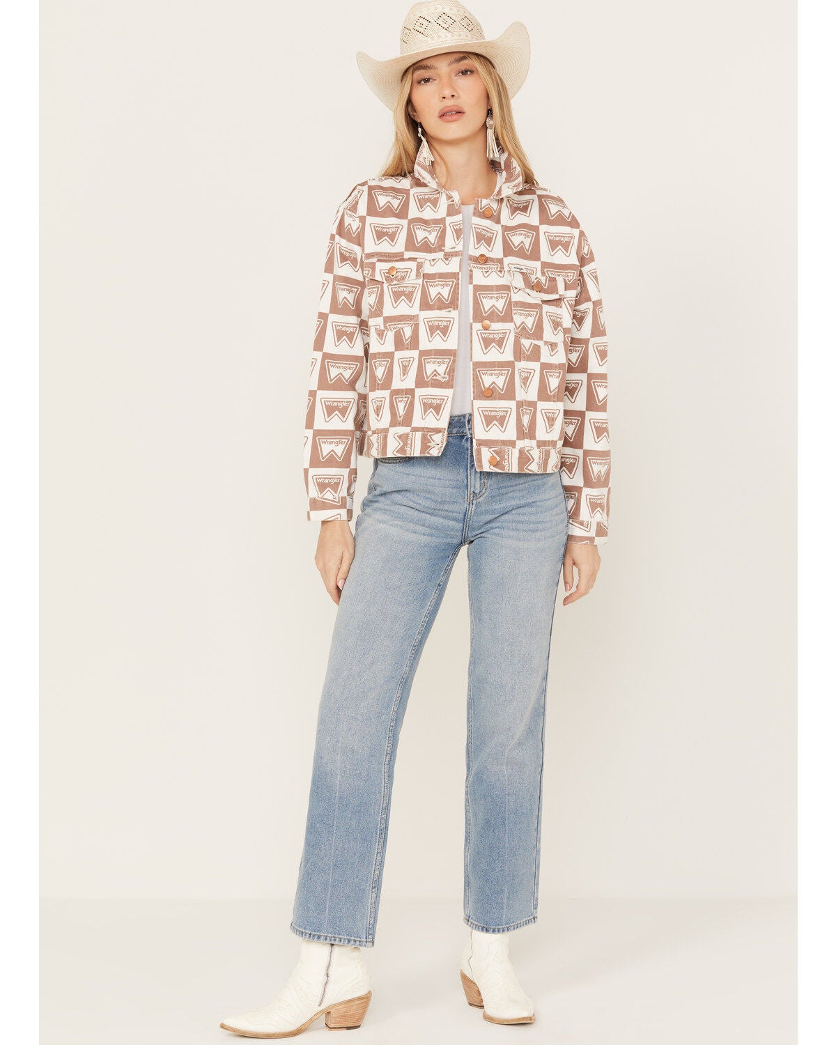 Wrangler Women's Heritage Signature Print Cut Off Jacket, Brown, hi-res