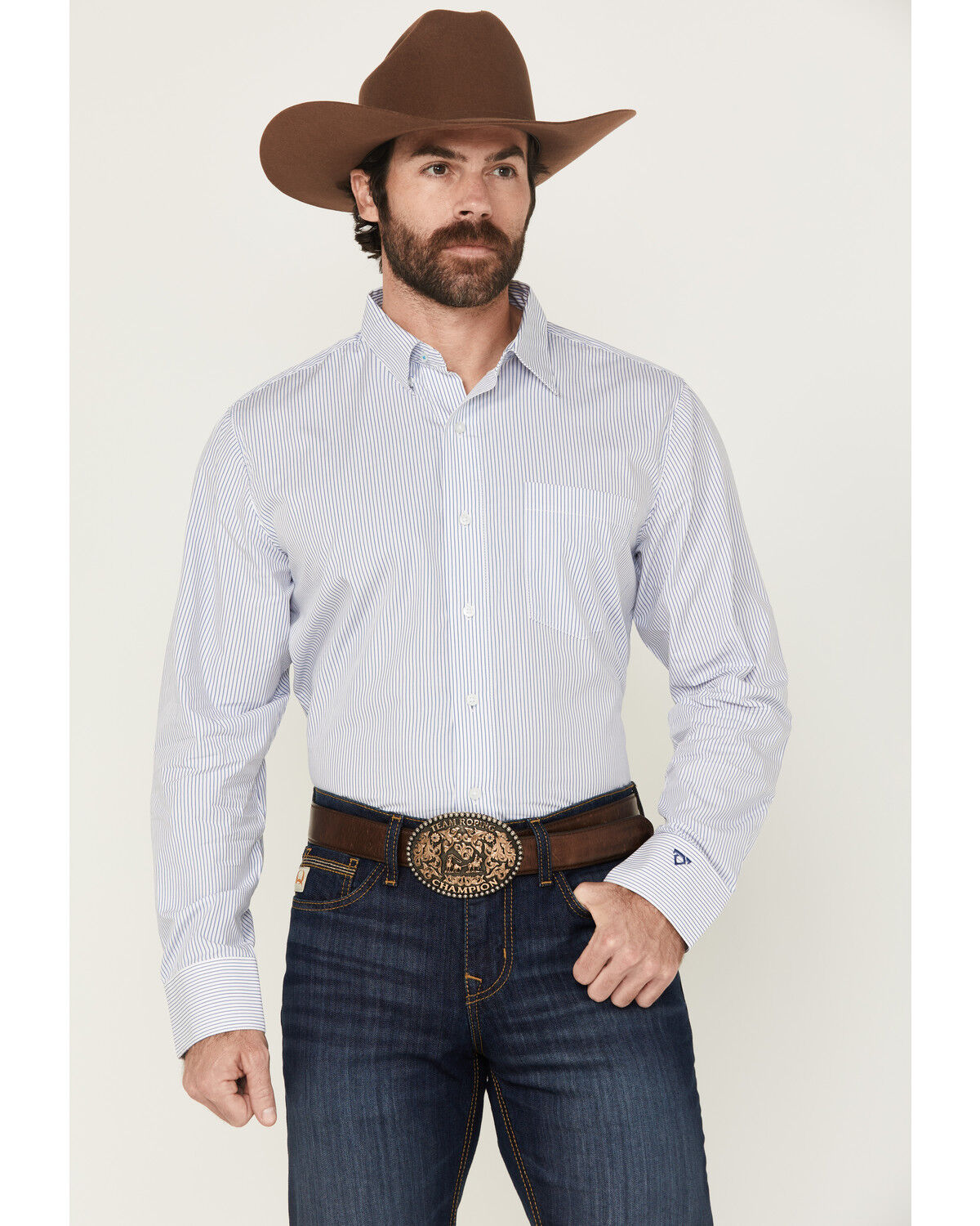 Image #1 - Wrangler x Cody Johnson Men's Striped Print Long Sleeve Button-Down Western Shirt, Blue, hi-res