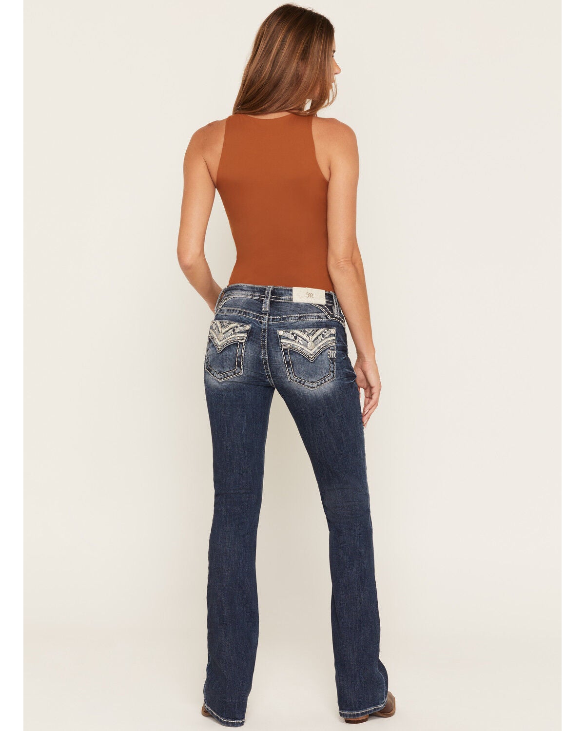 Miss Me Women's Dark Wash Geo Border Pocket Bootcut Denim Jeans, Dark Wash, hi-res