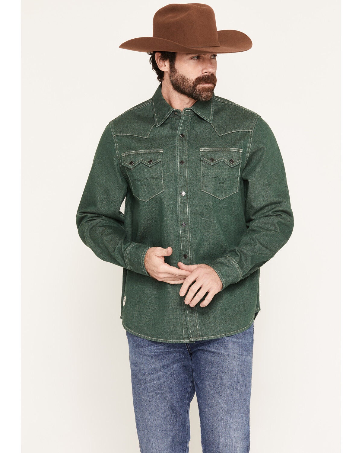 Kimes Ranch Men's Roscoe Denim Long Sleeve Snap Western Shirt, Green, hi-res
