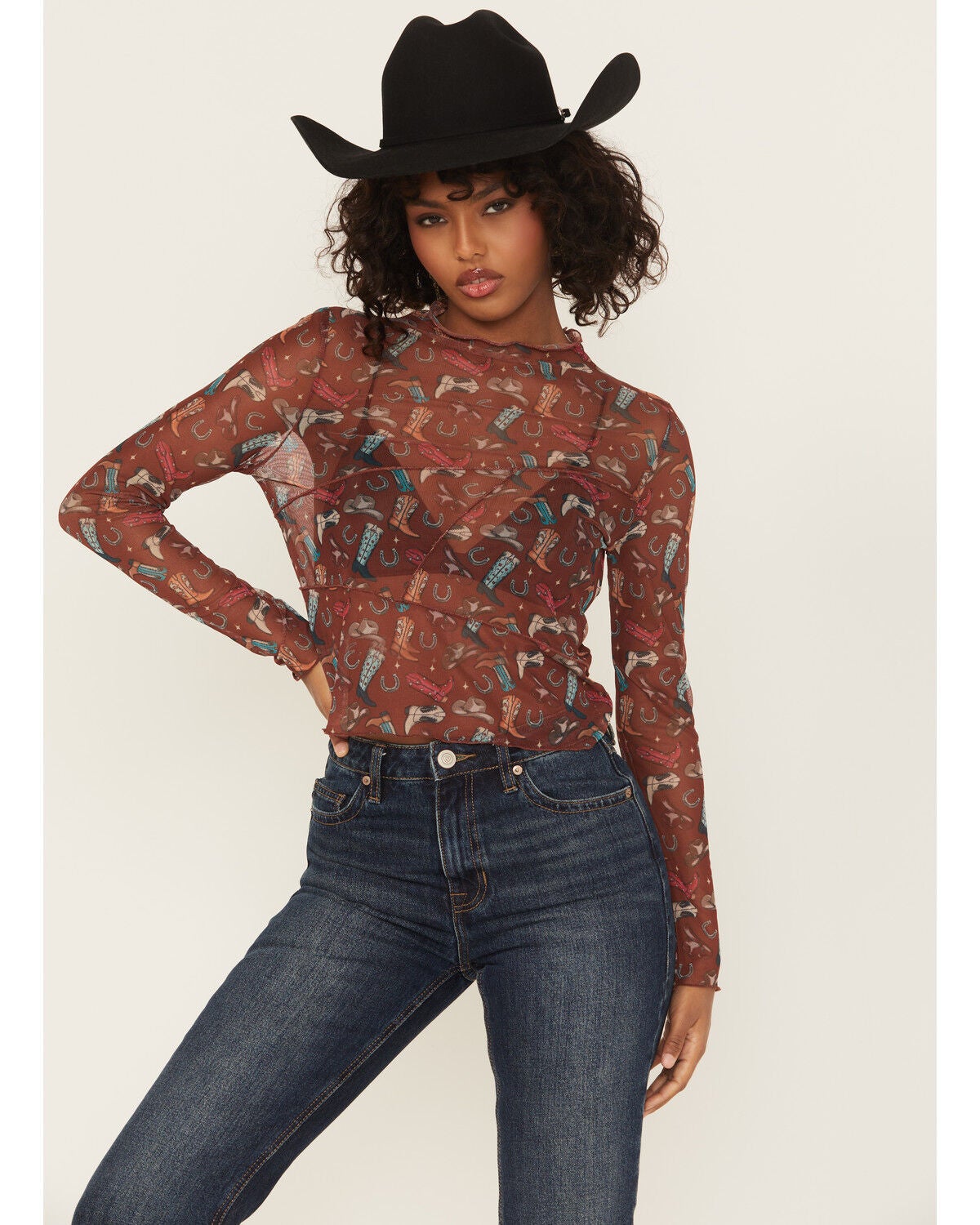 Rock & Roll Denim Women's Cowboy Boot Mesh Long Sleeve Shirt, Wine, hi-res