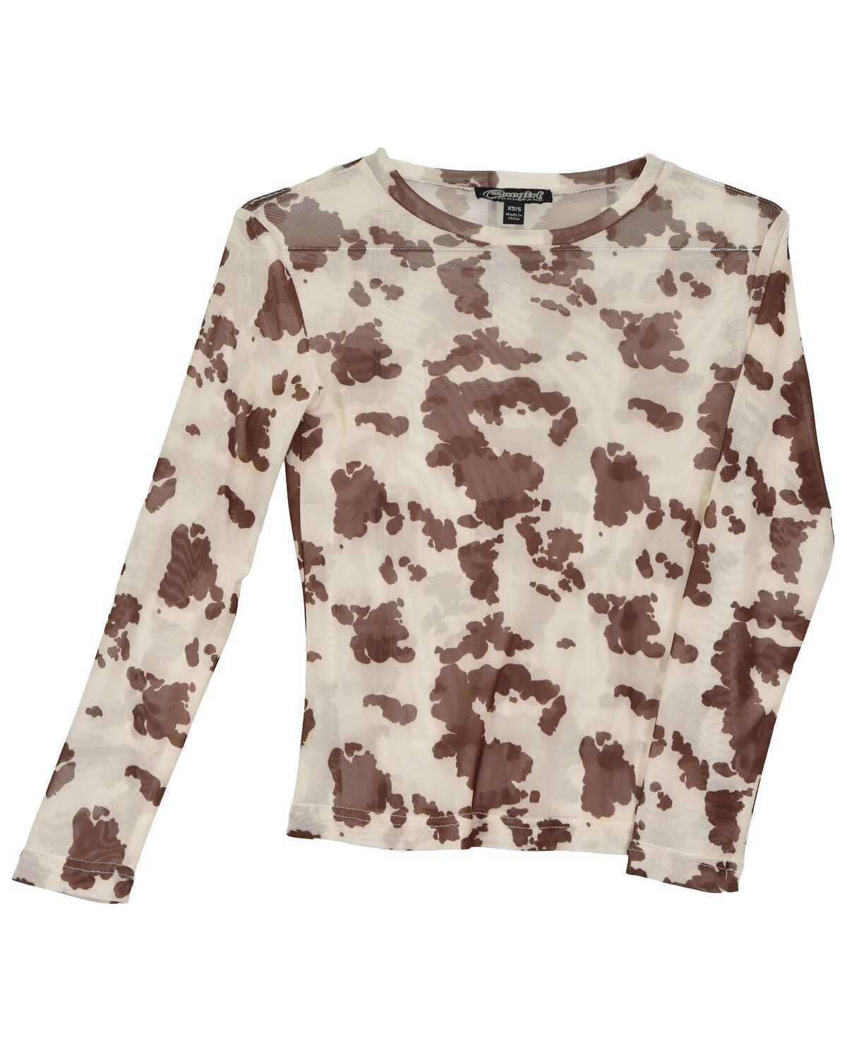 Image #1 - Cowgirl Hardware Girls' Cow Print Mesh Long Sleeve Top, Multi, hi-res