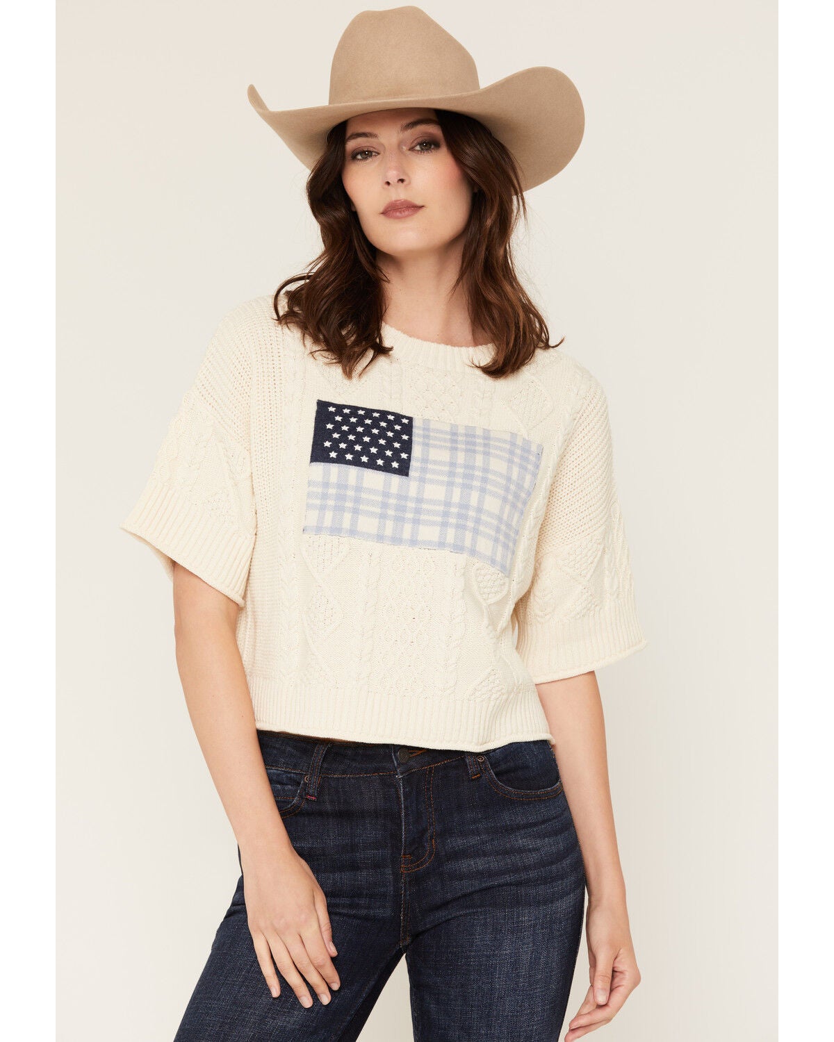 Image #1 - Originality Women's USA Flag Short Sleeve Sweater, Cream, hi-res