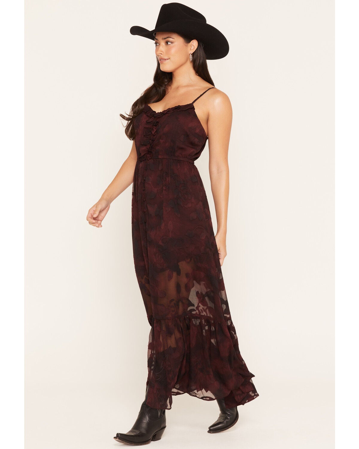 Image #2 - Idyllwind Women's Silla Button-Front Ruffle Maxi Dress, Wine, hi-res