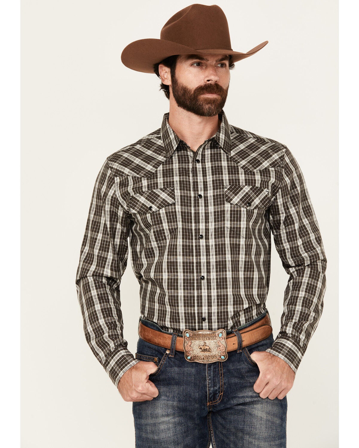 Gibson Trading Co Men's Dark Knight Plaid Print Long Sleeve Snap Stretch Western Shirt, Black, hi-res