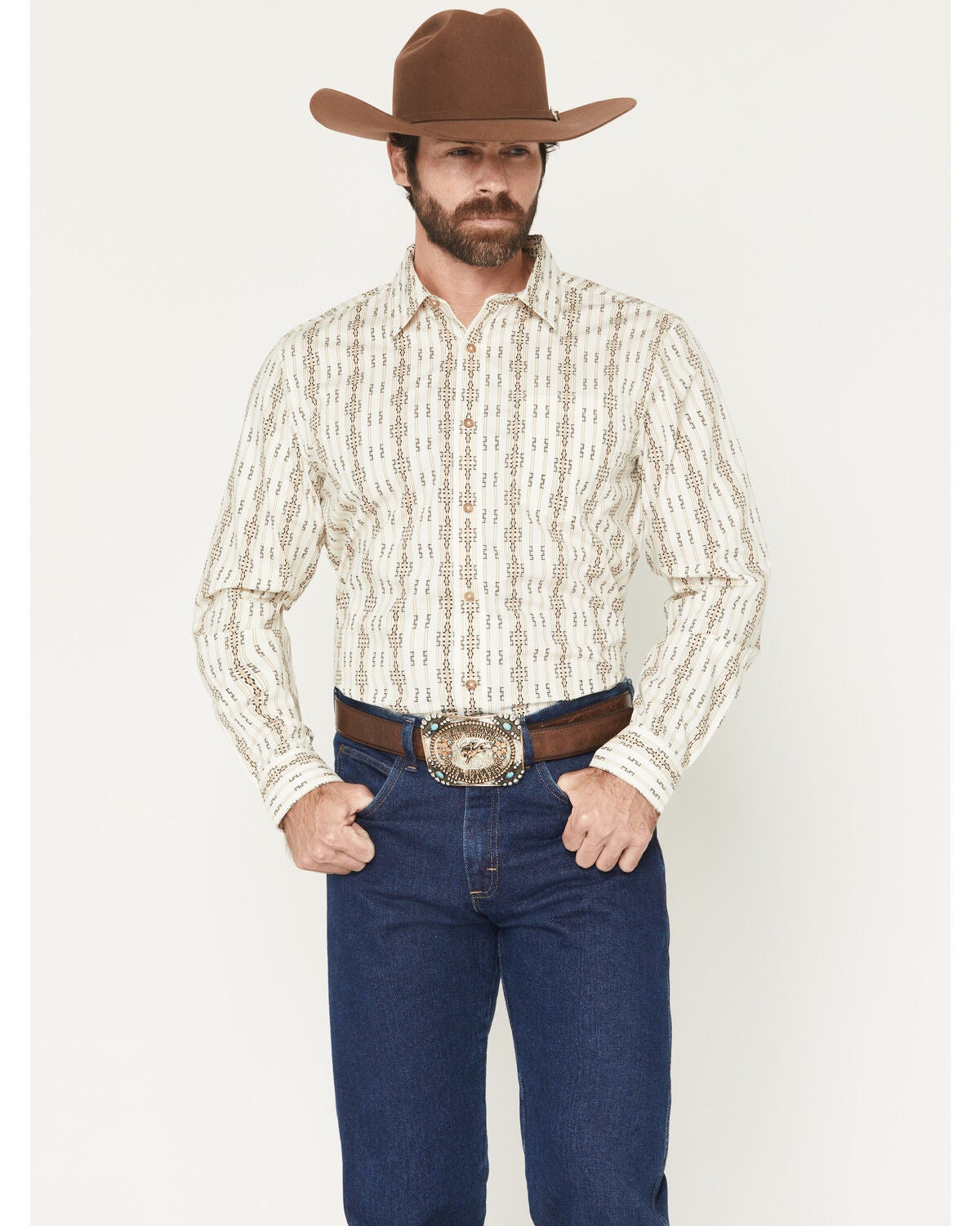 Gibson Trading Co Men's Crosby Southwestern Print Long Sleeve Button-Down Western Shirt, Tan, hi-res
