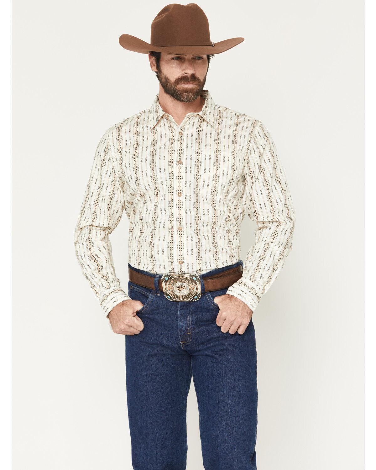 Image #1 - Gibson Trading Co Men's Crosby Southwestern Print Long Sleeve Button-Down Western Shirt, Tan, hi-res