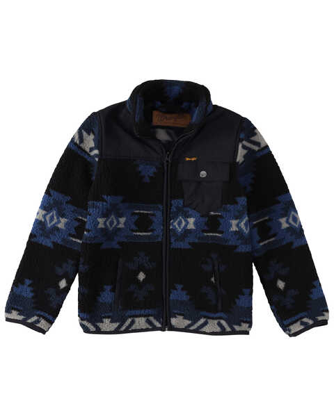 Wrangler Boys' Southwestern Print Sherpa Zip Jacket, Navy, hi-res